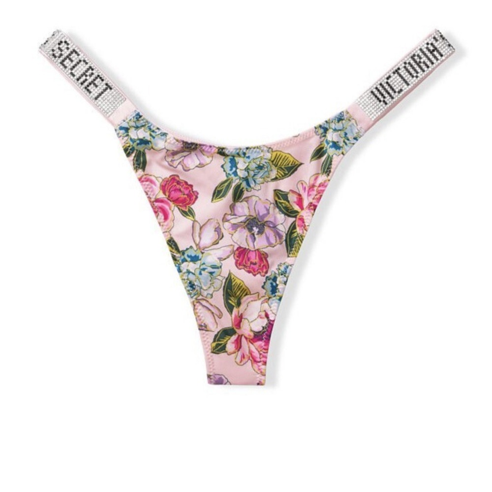 Victoria's Secret Very Sexy Shine Rhinestone Thong Purest Pink Sz M Floral